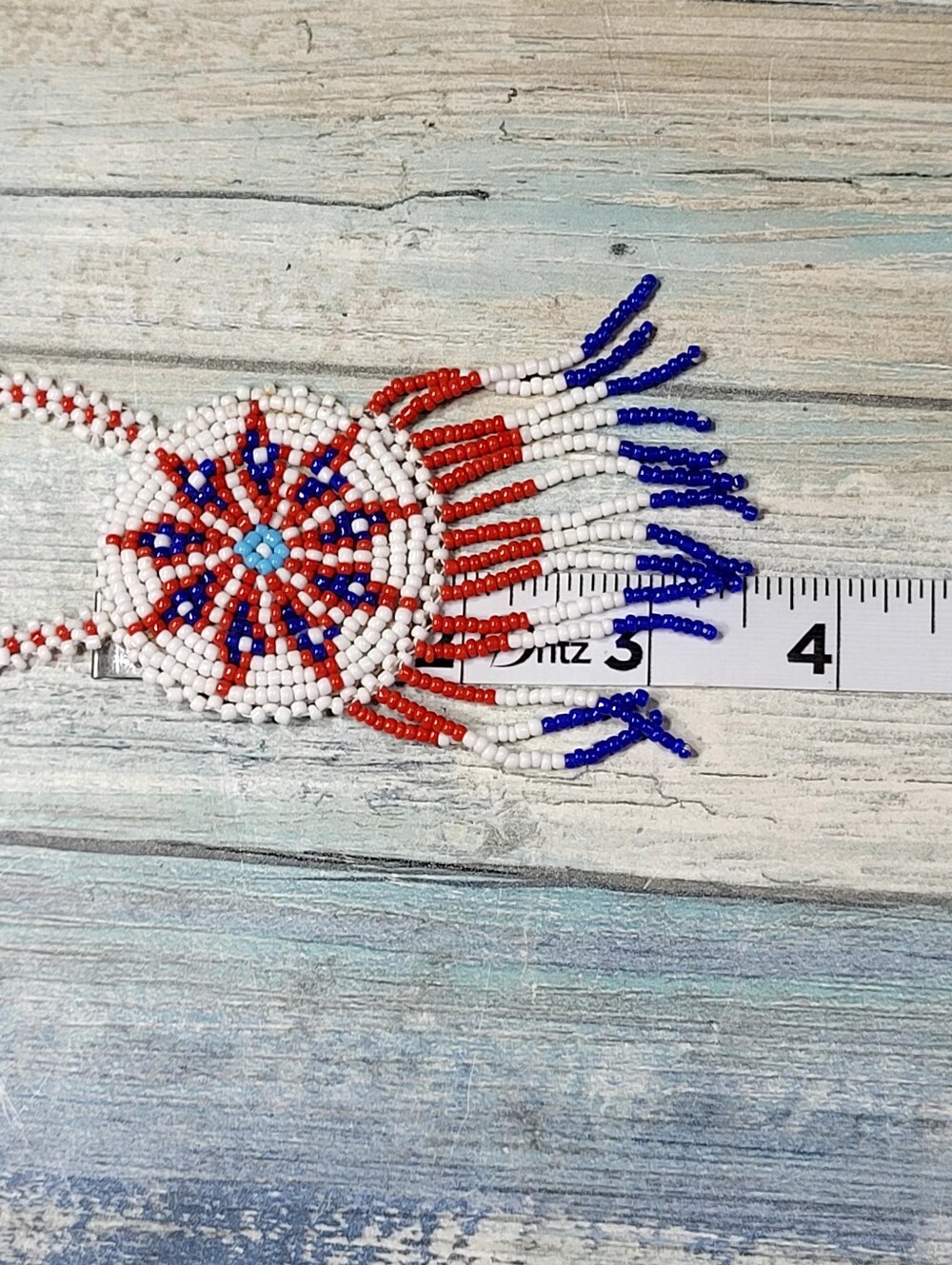 White, Red & Blue Seed Beaded Fringe Necklace - Picture 7 of 8